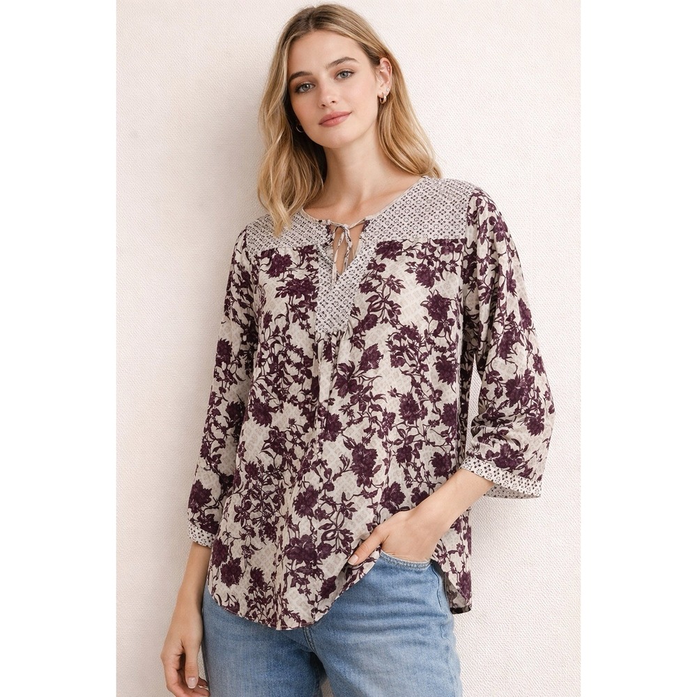 NYDJ Floral Peasant Blouse Women L Cream Purple Boho Tie Neck Relaxed Tunic Top